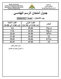 جدول امتحان نصف الفصل الدراسي الثاني لمادة الرسم الهندسي للعام الجامعي 2019-2020